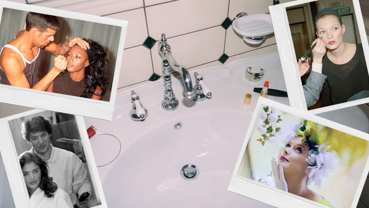 nostalgic beauty collage overlayed on a sink with makeup products