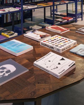 Art and design books showcased on blue bookcases and a wooden table