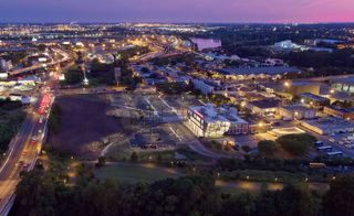 Aerial image of the Pennovation Centre at night