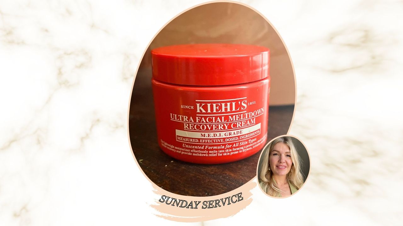 An image of Kiehl's Ultra Facial Meltdown Recovery cream on a wooden surface, next to an image of beauty editor Fiona McKim