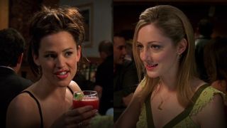 From left to right: side by side of Jennifer Garner holding a drink and Judy Greer holding a drink in 13 Going On 30.