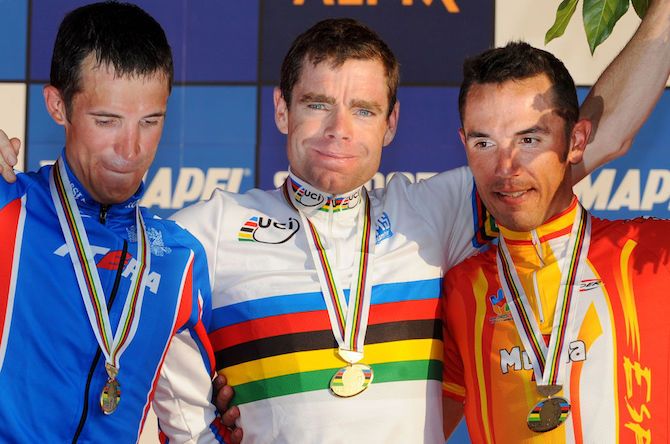 2009 Worlds road race winner Cadel Evans (Australia) with silver medallist Alexandr Kolobnev (Russia) and bronze medallist Joaquim Rodriguez of Spain