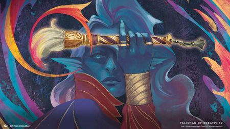 A merfolk magician holds a magical paintbrush