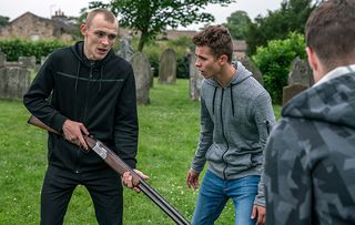 A wound-up Josh Crowther stupidly takes Pollard’s shotgun and after some teasing from Jamie and his gang, before long the gun has been fired and the police called in Emmerdale.