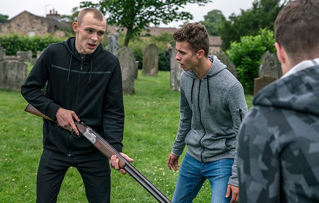 A wound-up Josh Crowther stupidly takes Pollard’s shotgun and after some teasing from Jamie and his gang, before long the gun has been fired and the police called in Emmerdale.