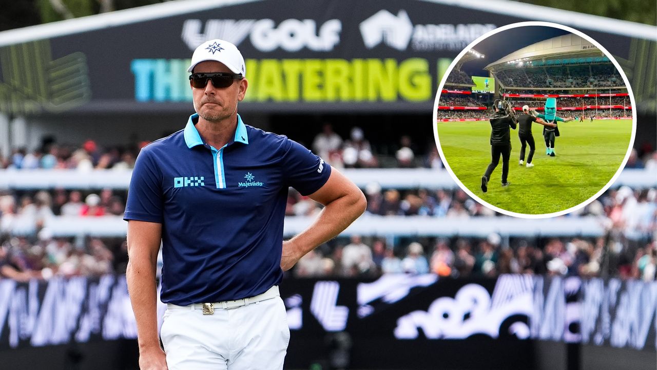 Main image of Henrik Stenson at LIV Golf Adelaide 2024 - inset image of Stenson hugging Port Adelaide&#039;s mascot