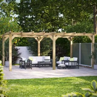 large wooden pergola over patio and seating area