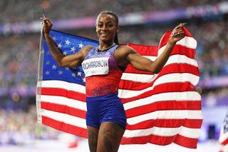 Sha'Carri Richardson of Team USA wins silver in the women's 100m final at the 2024 Olympic Games in Paris.