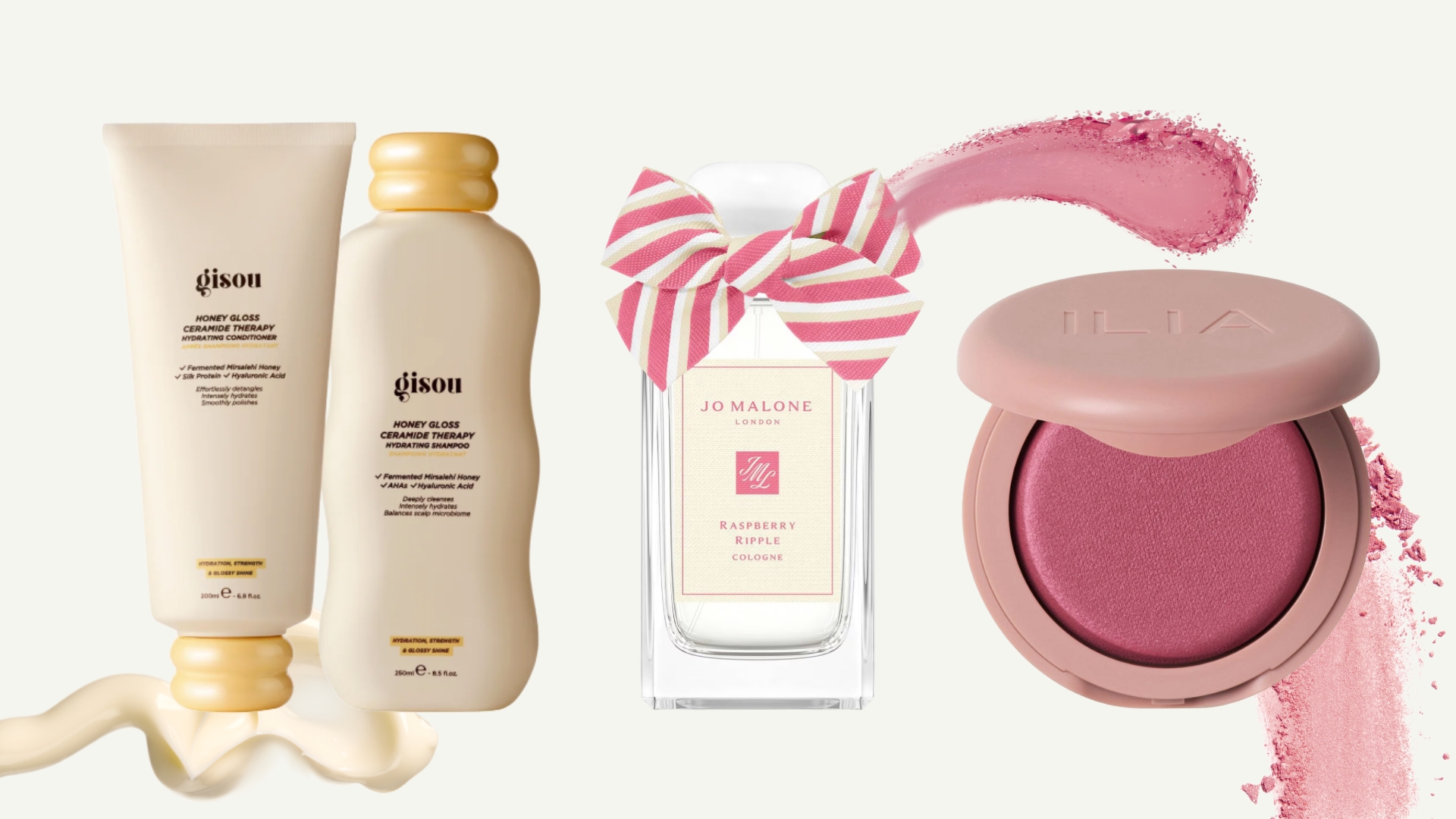 A collage of new beauty launches, including a product still of the Gisou Honey Gloss hair wash duo, the Jo Malone London Raspberry Ripple perfume and the ILIA Soft Focus Blurring blush/ all featured on a cream template with yellow cream and pink blush makeup swatches and smears