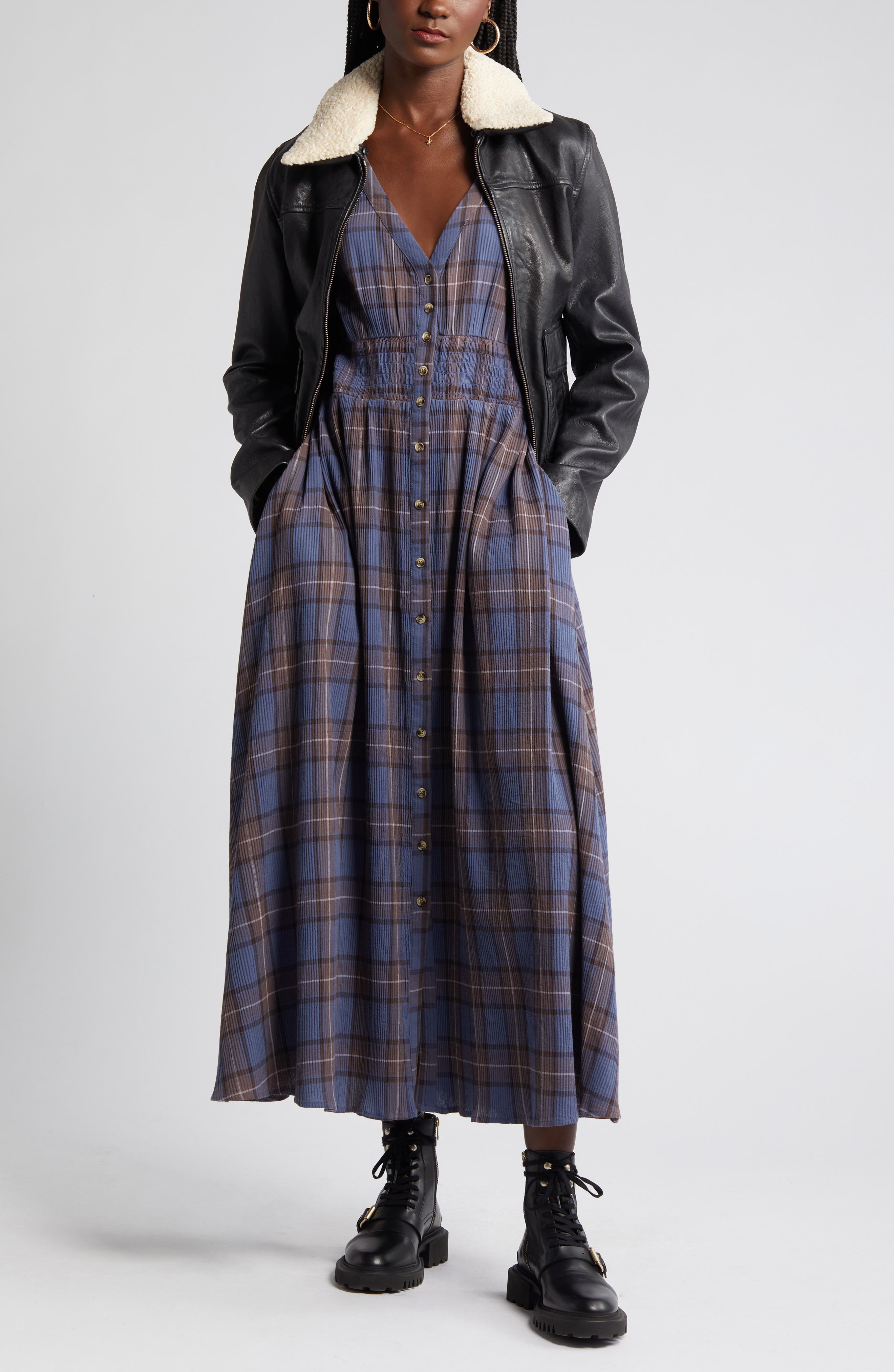 Treasure & Bond Plaid Long Sleeve Cotton Midi Dress