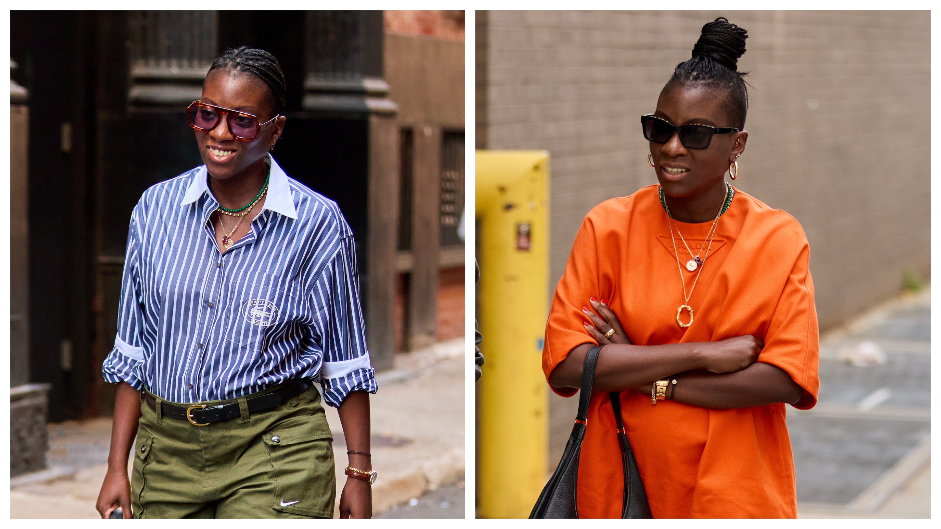 collage of nikki ogunnaike wearing a button down and khakis, and an orange dress
