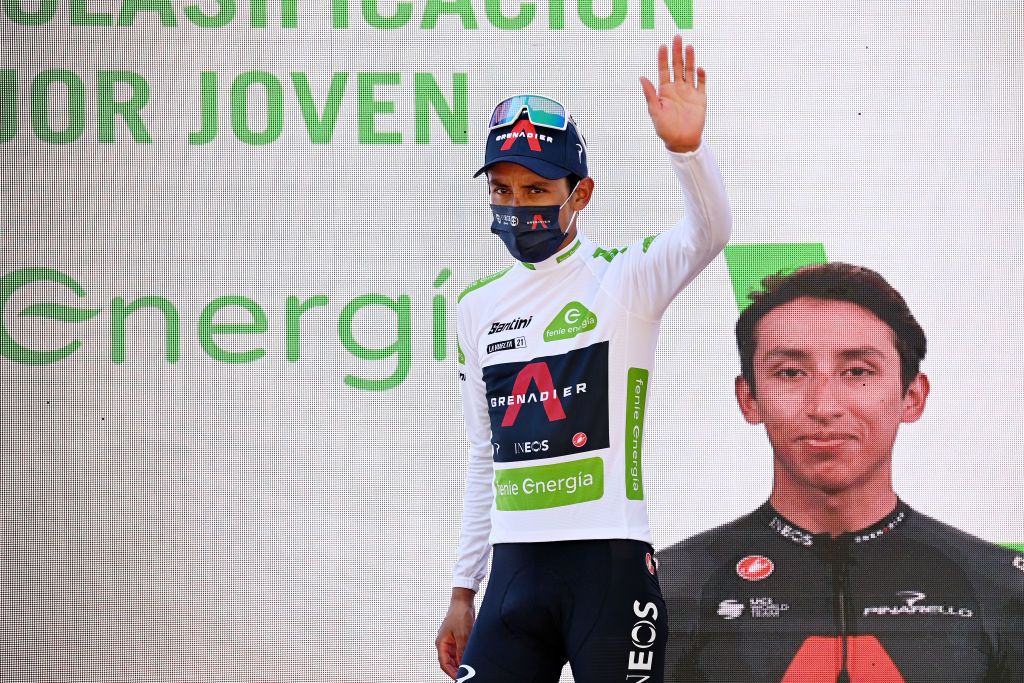 CORDOBA SPAIN AUGUST 26 Egan Arley Bernal Gomez of Colombia and Team INEOS Grenadiers celebrates winning the white best young jersey on the podium ceremony after the 76th Tour of Spain 2021 Stage 12 a 175 km stage from Jan to Crdoba lavuelta LaVuelta21 on August 26 2021 in Cordoba Spain Photo by Stuart FranklinGetty Images