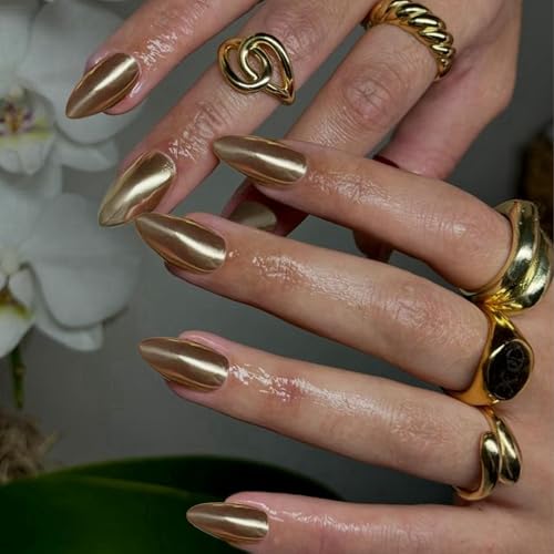 Mirror Metal Pale Gold Almond Shape Chrome Glazed Medium Almond Nails Press on Bling Shiny Plating Acrylic Reusable Fake Stiletto Glue on Medium Length