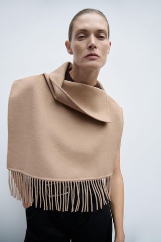 Asymmetrical Fringed Wool Blend Cape