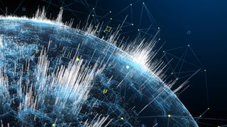 A digital representation of the globe in blue with white spikes of light erupting from the surface to form vertical cities