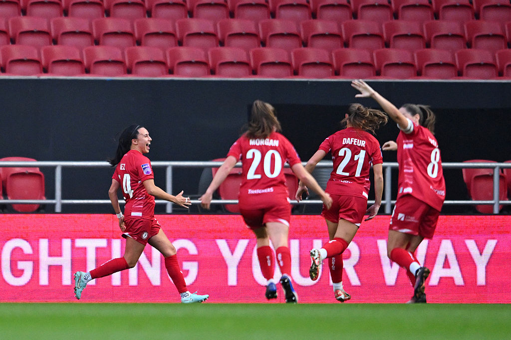 Camila Saez of Bristol City celebrates with her teammates after scoring her team&#039;s first goal during the Barclays Women&#039;s Super League 2 match between Bristol City and Nottingham Forest at Ashton Gate on September 27, 2025 in Bristol, England.