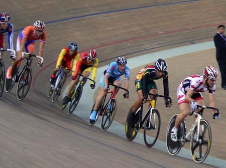 Zachary Bell (Canada) en route to winning the men's scratch race, his second gold medal in two days.