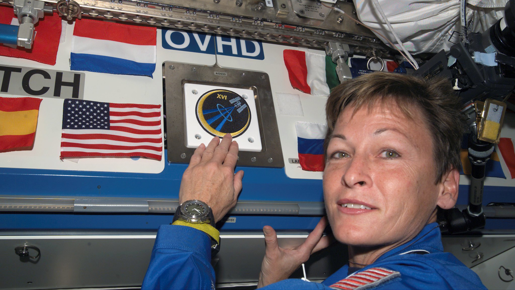 Veteran NASA astronaut Peggy Whitson places her mission patch on the International Space Station during the Expedition 16 mission.