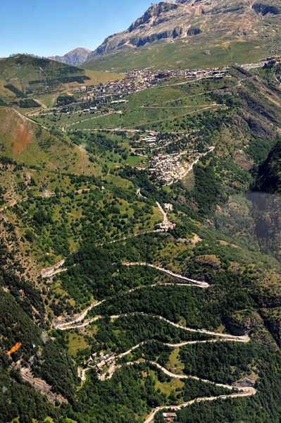 An aerial view of the legendary climb of L'Alpe d'Huez. The weather conditions were ideal and the stage was set for high drama on Stage 17.