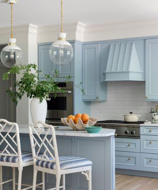 modern kitchen with pale blue cabinetry