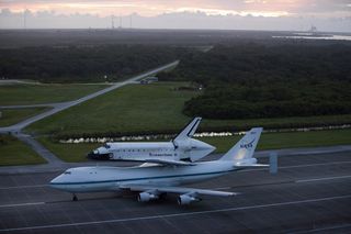 Endeavour Taxis to Runway atop Shuttle Carrier Aircraft