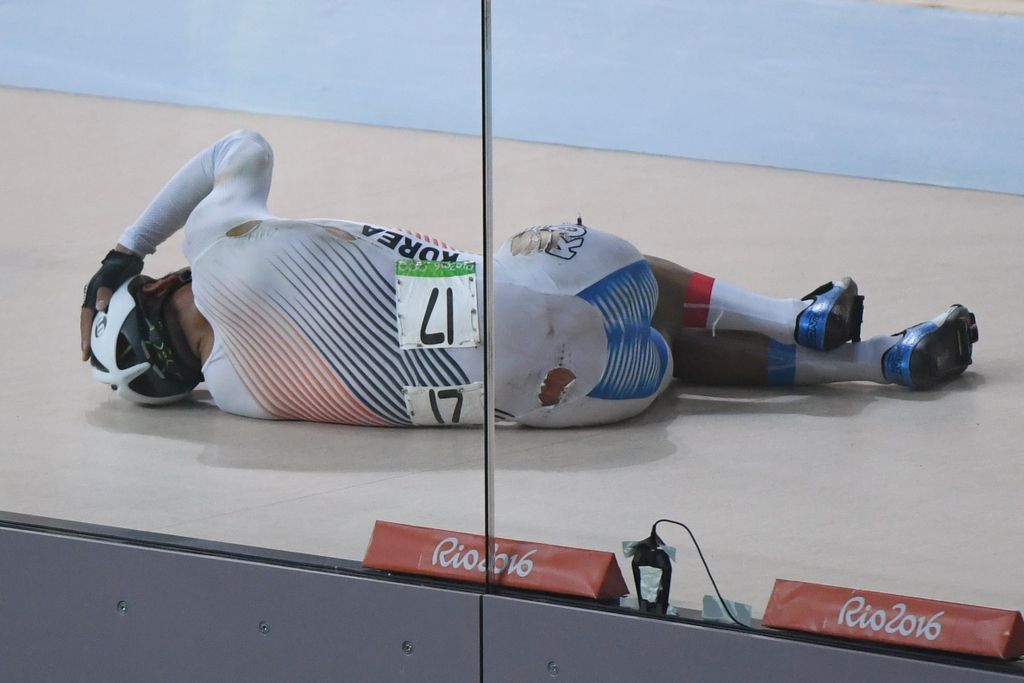 Korea's Park Sanghoon on the ground after the crash