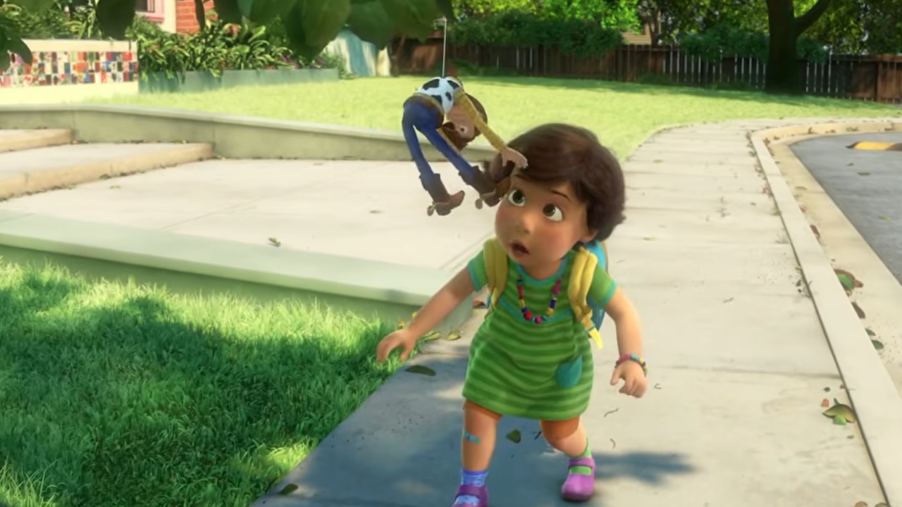 Bonnie running into Woody dangling from a tree in Toy Story 3