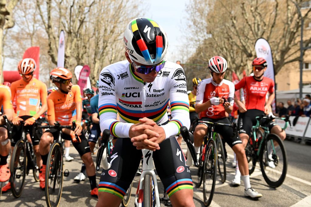 MATARO SPAIN MARCH 21 Remco Evenepoel of Belgium and Team Soudal QuickStep prior to the 102nd Volta Ciclista a Catalunya 2023 Stage 2 a 1654km stage from Matar to Vallter 2135m VoltaCatalunya102 on March 21 2023 in Matar Spain Photo by David RamosGetty Images