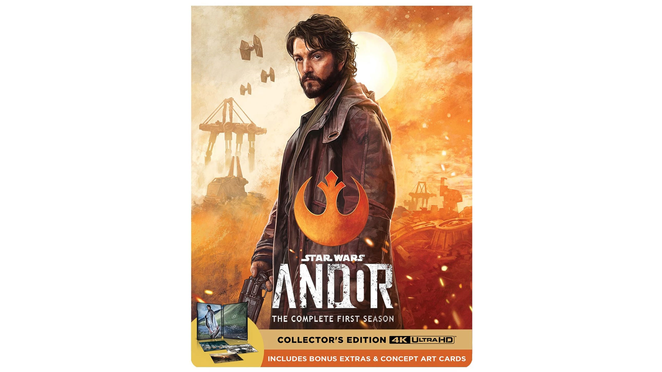 An orange box featuring a man in a rugged brown jacket stands in the center with spaceships flying behind him, all on a white background.