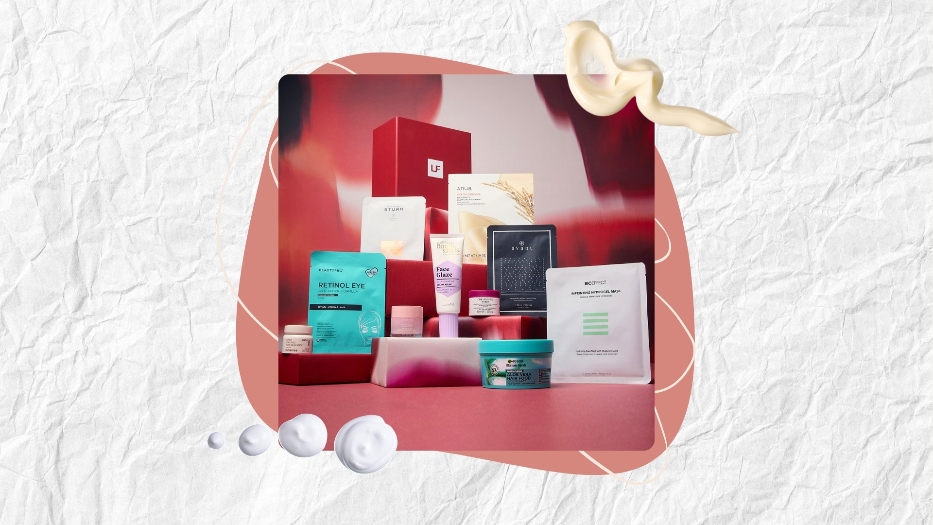 LookFantastic The Mask Edit on a white textured background with a coral motif and cream product swatches