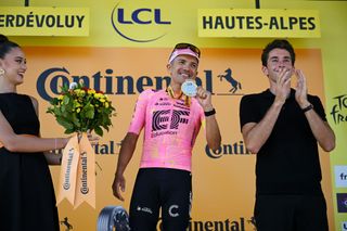 SUPERDEVOLUY LE DEVOLUY FRANCE JULY 17 Richard Carapaz of Ecuador and Team EF Education EasyPost celebrates at podium as stage winner during the 111th Tour de France 2024 Stage 17 a 1778km stage from SaintPaulTroisChateaux to Superdevoluy 1500m UCIWT on July 17 2024 in Superdevoluy Le Devoluy France Photo by Dario BelingheriGetty Images