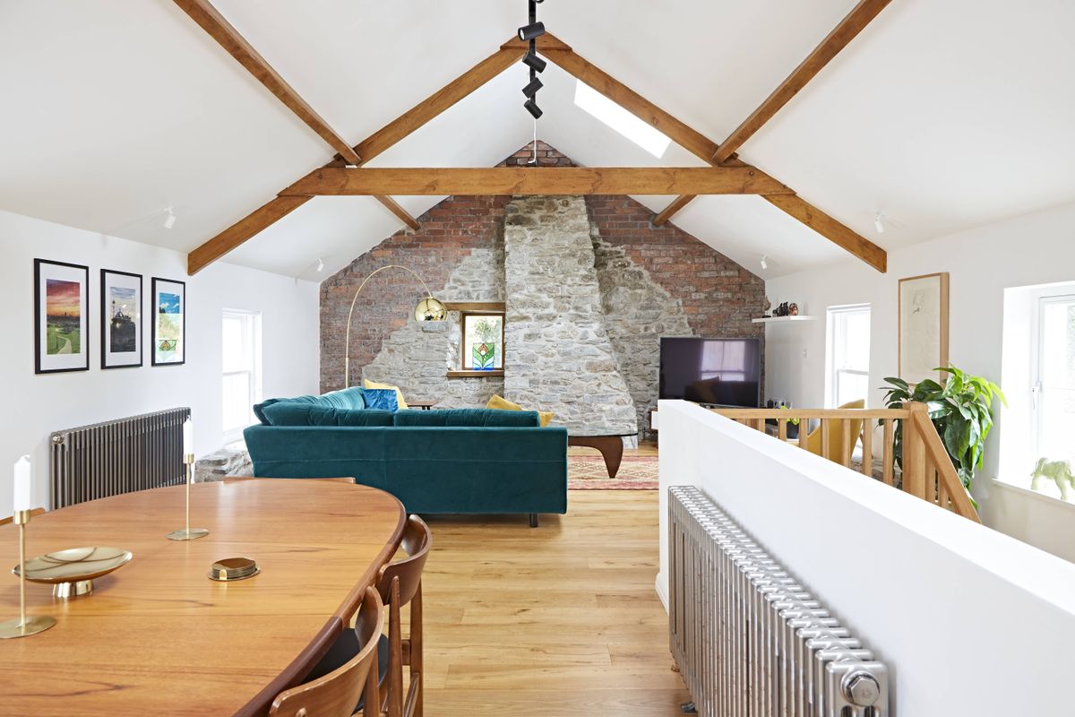 stone wall in upstairs living room