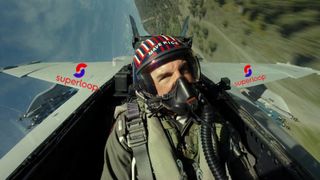 Scene from Top Gun Maverick with Superloop logo superimposed on wings of fighter jet