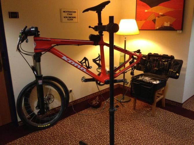 Plenty of bike maintenance is required to keep a bike running during a stage race