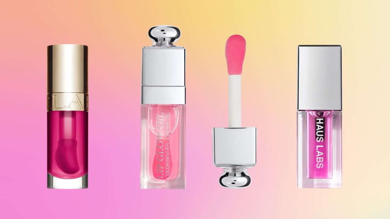 Lip oils from Clarins, Dior and HAUS LABs on a pink and yellow template