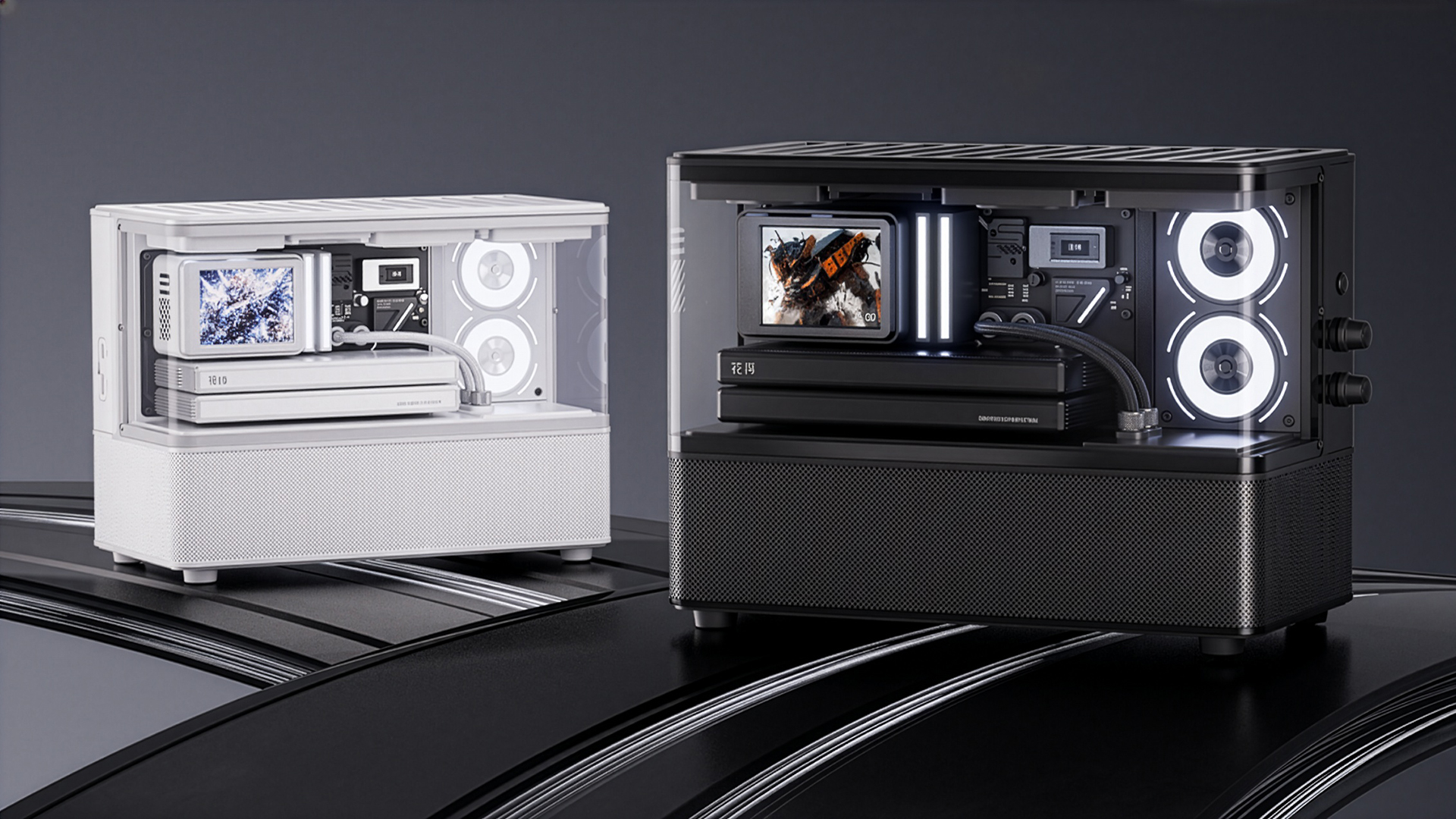 Edifier New Cyber speaker in white and black on a dark background