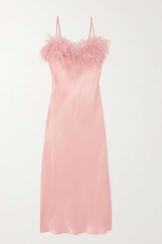 pink satin chemise with fluffy neckline