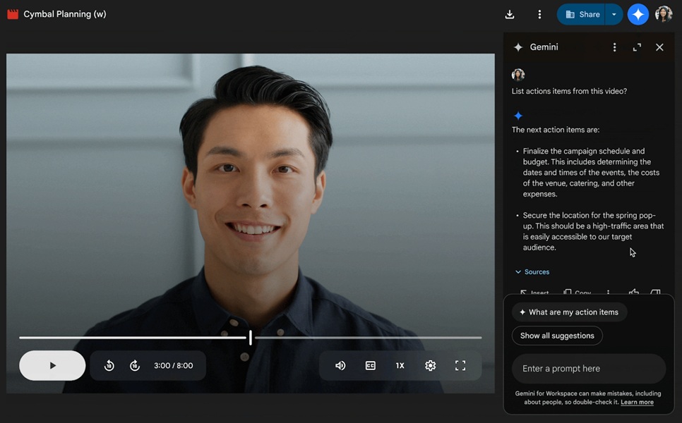 Google Drive's Gemini update brings the ability for users to tell the AI to list "action items" from within a video without the user needing to watch.
