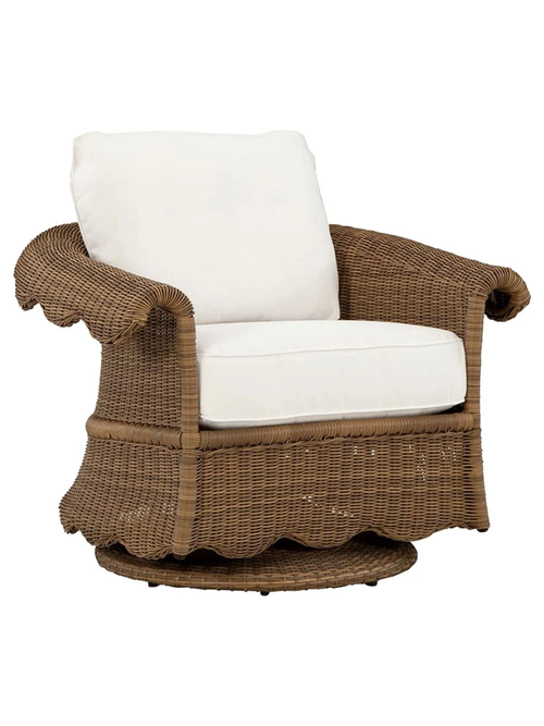 Cielo Coastal White Sunbrella Brown Wicker Scalloped Outdoor Swivel Glider Chair