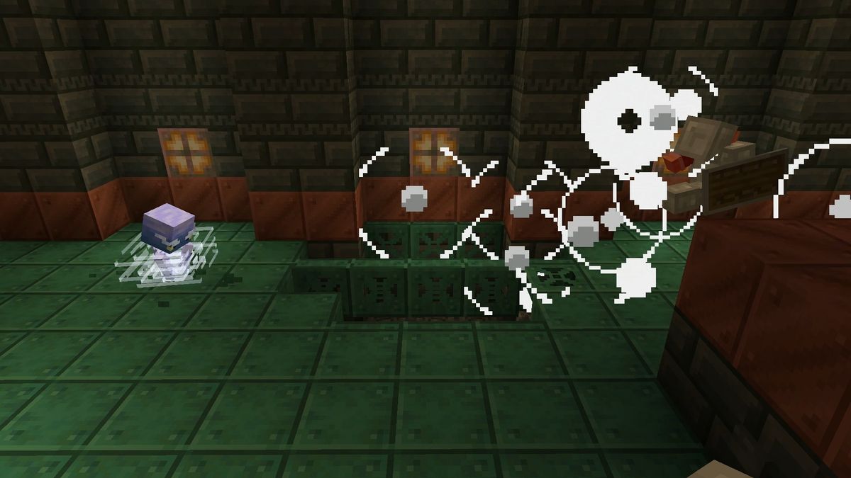 Minecraft 1.21 - A Breeze enemy throws an explosion inside a copper Trial Chamber