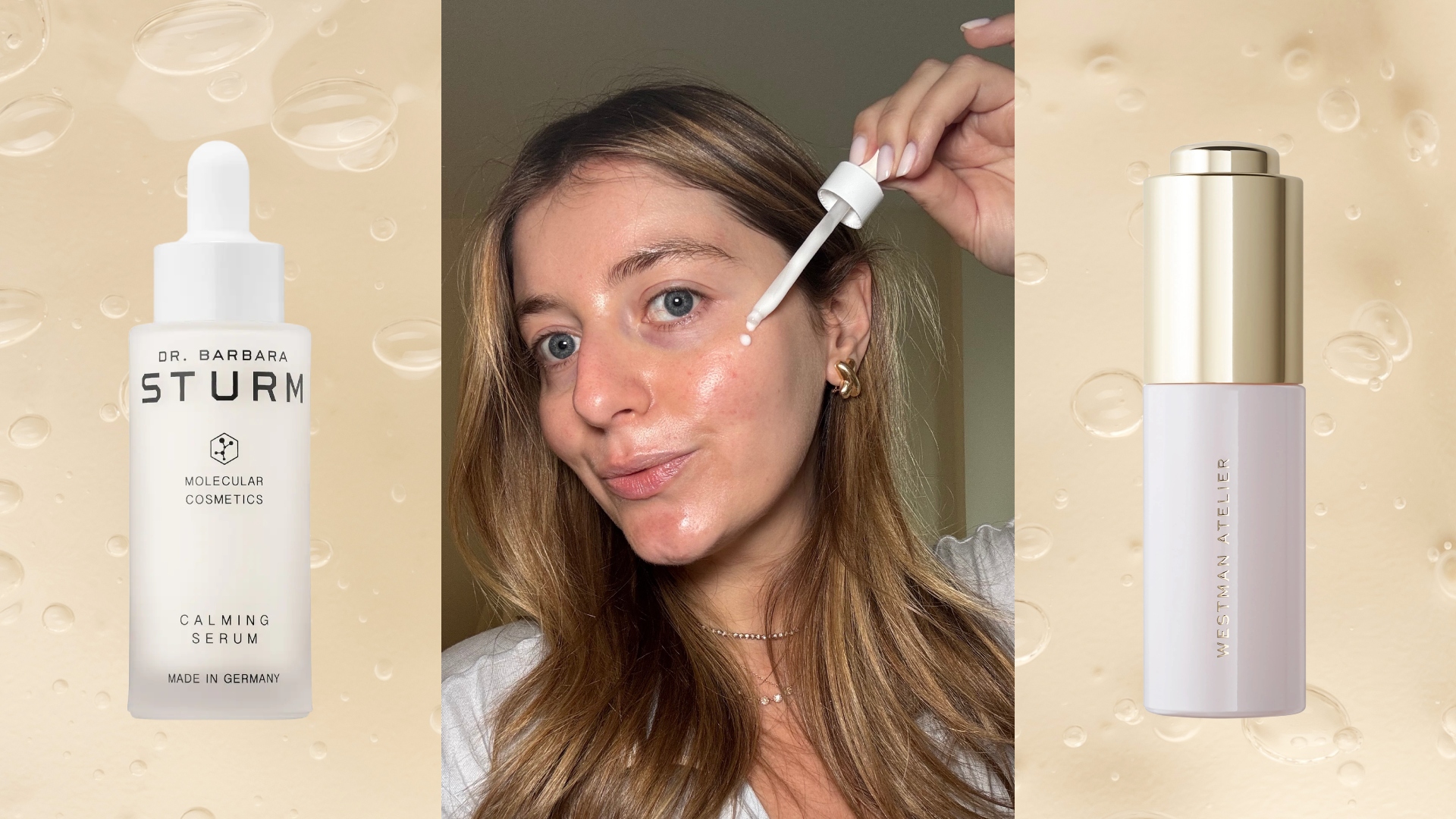 samantha holender applying a serum to her face next to two white serum bottles