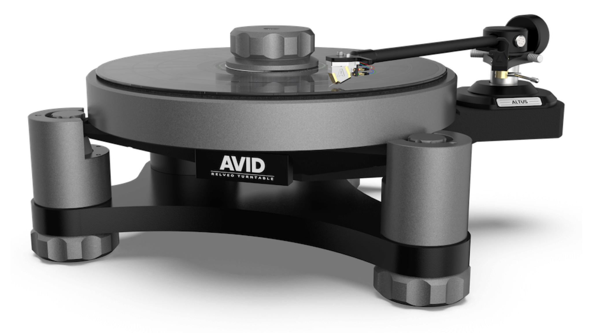 A product shot of the AVID Relveo turntable with Altus tonearm on a white background