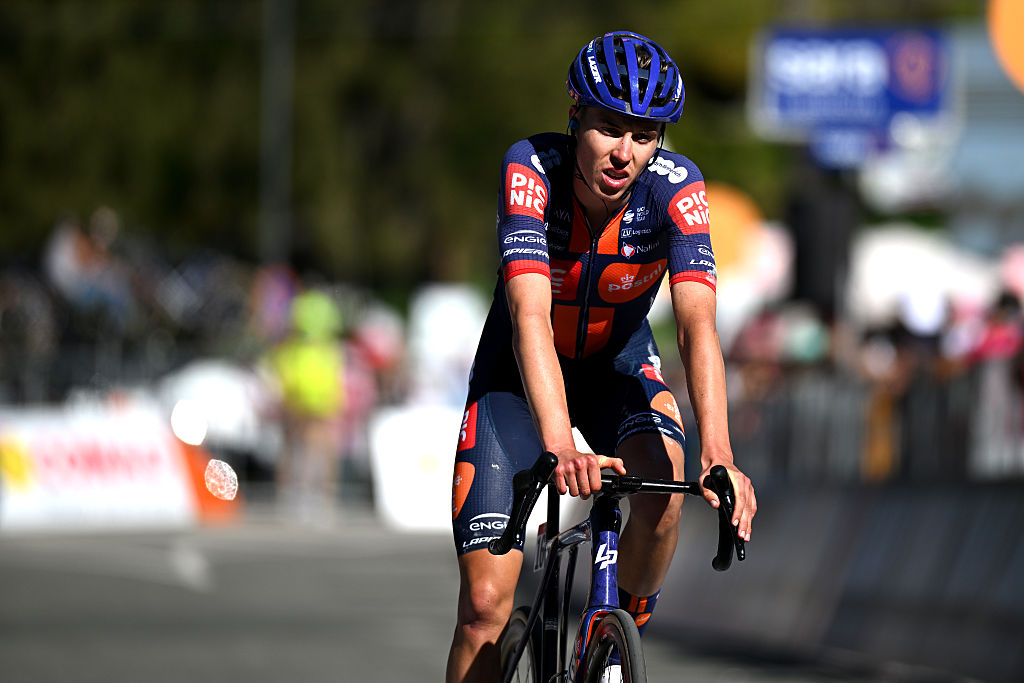 CHAMPOLUC, ITALY - MAY 30: Max Poole of Great Britain and Team Picnic PostNL crosses the finish line during the 108th Giro d&#039;Italia 2025, Stage 19 a 166km stage from Biella to Champoluc 1574m / #UCIWT / on May 30, 2025 in Champoluc, Italy. (Photo by Dario Belingheri/Getty Images)