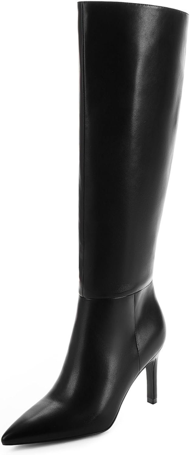 Easyfox Knee High Black Boots Women Pointed Toe Tall Boots Stiletto Heels Long Black Fall Boots Side Zipper Size 8