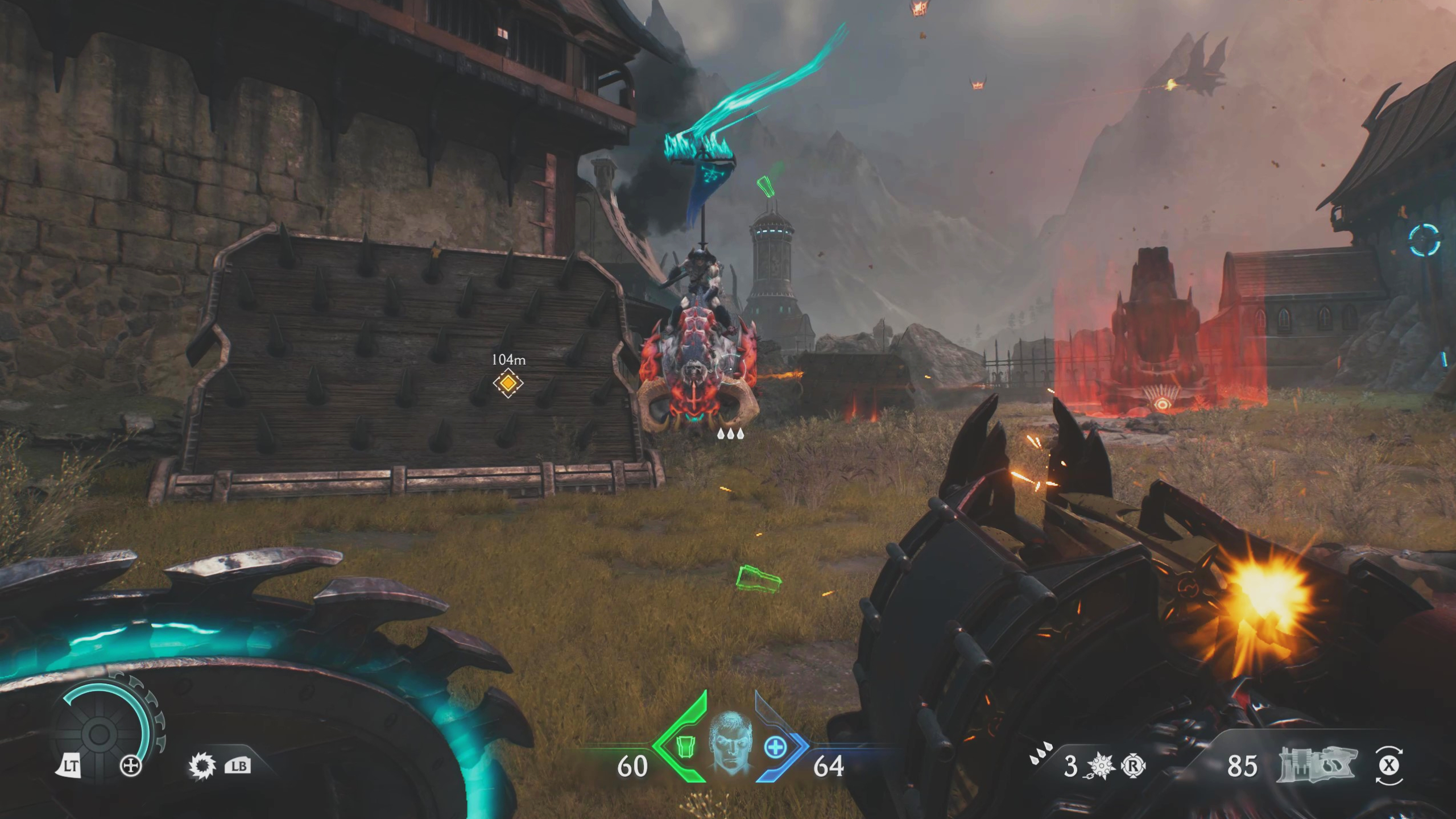 Doom: The Dark Ages artillery cannon locations Siege Part 1 - A mounted boss demon riding towards the player, with the cannon in the background.
