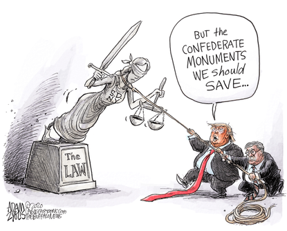 Political Cartoon U.S. Trump Barr DOJ statue