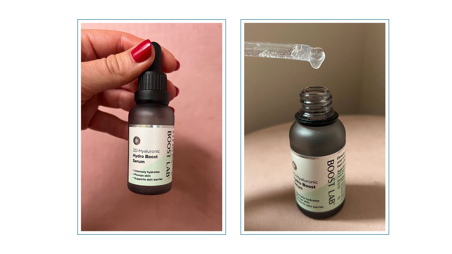 A hand with red nails holding a bottle of Boost Lab Hydro Boost serum next to an image of the serum on a pink surface with the pipette dropper removed and a drop of serum