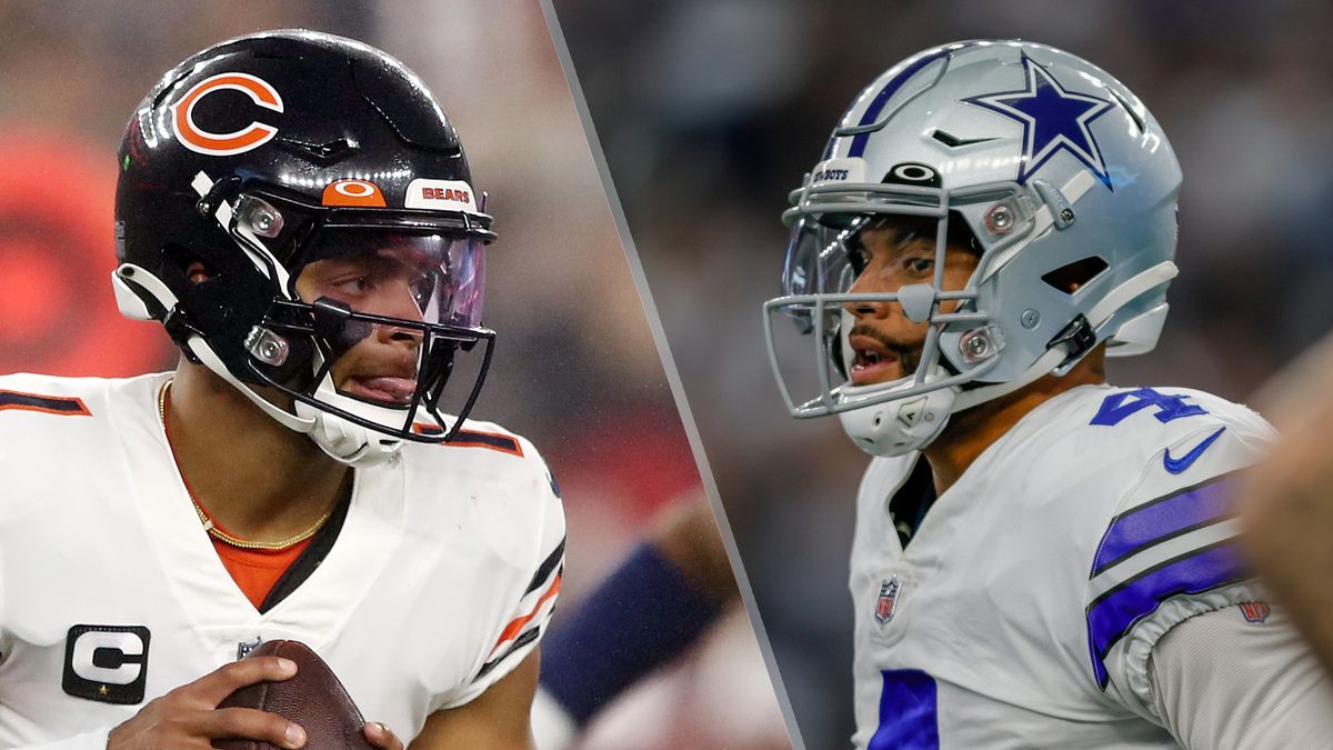 (L, R) Justin Fields and Dak Prescott will face off in the Bears vs Cowboys live stream