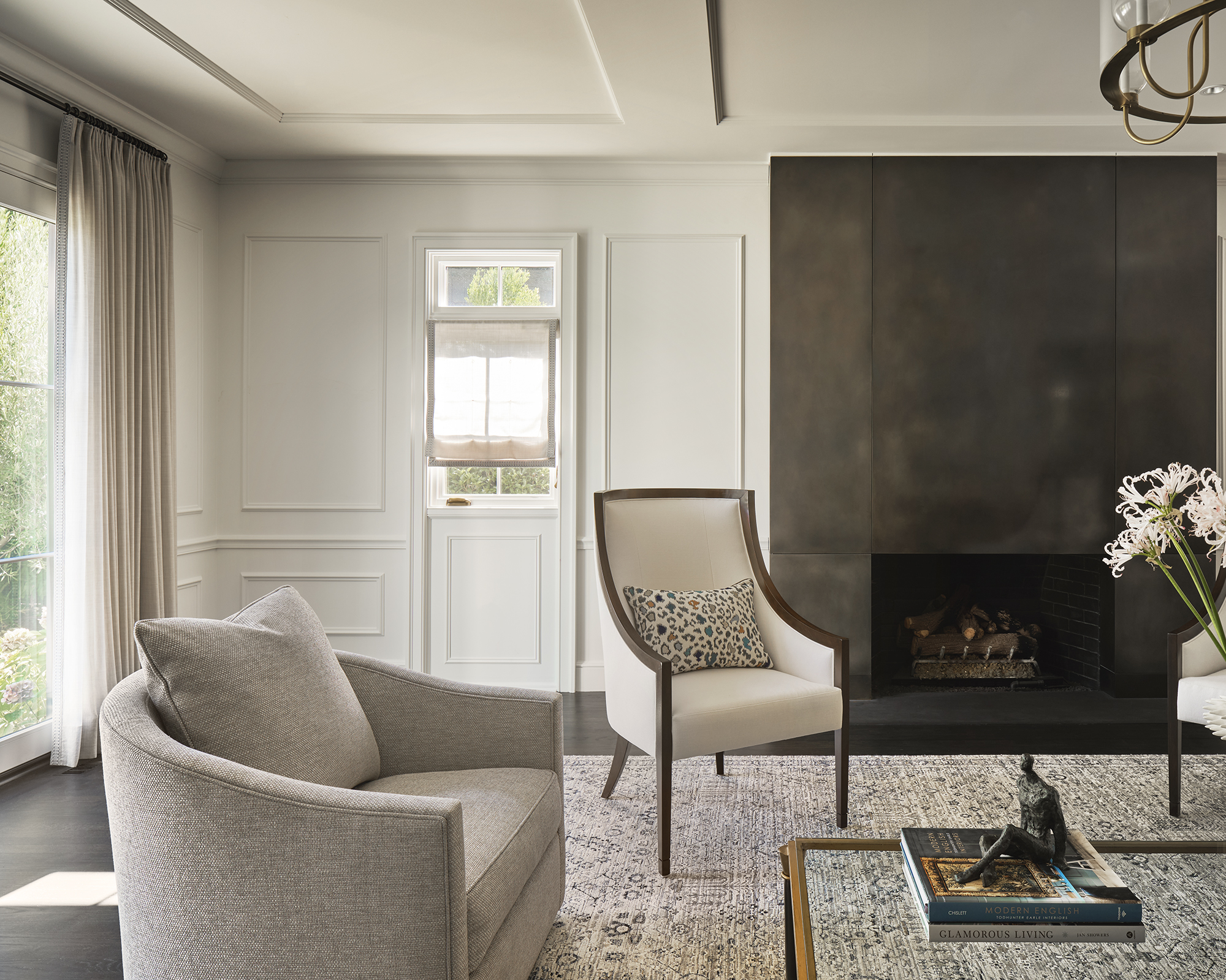 gray living room with painted ceiling