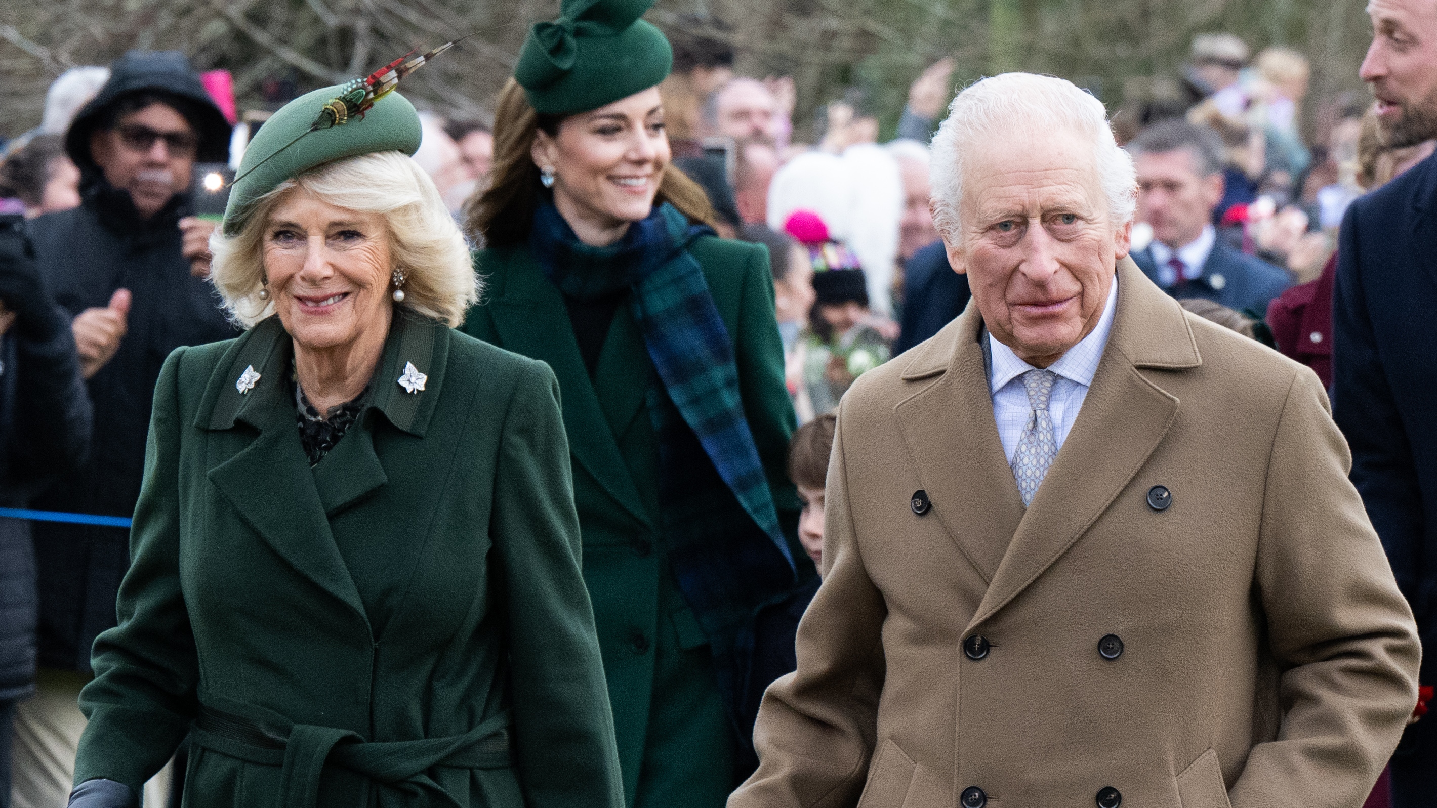 Queen Camilla, Catherine, Princess of Wales and King Charles III attend the Christmas Morning Service at Sandringham Church on December 25, 2024